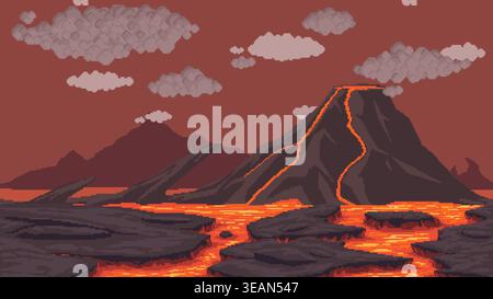 Pixel art volcanic lava landscape background Stock Vector