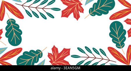 Autumn leaf frame design with red and teal foliage. Fall season concept. Empty space vector illustration for banner, poster, card. Stock Vector