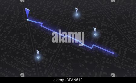 Dark mode GPS navigation map with glowing blue route line and location markers on black city grid background. Vector illustration. Stock Vector