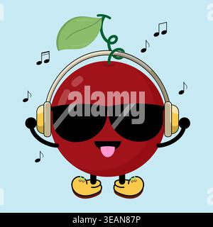 Illustration Of Cute And Sweet Red Cherry Berries Cartoon With Yellow Shoe Listening Music Happily Via Headphones Stock Vector