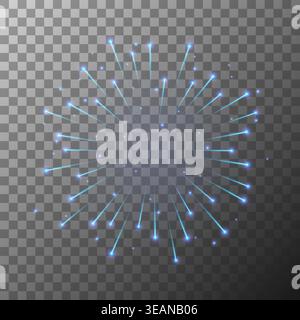 Blue radial light burst with glowing neon particles and subtle sparkles on a transparent background, conveying futuristic energy, motion, technology, Stock Vector