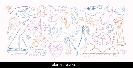 Hand drawn sketch crayon coastal elements. Mediterranean summer sea vacation charcoal doodle icons. Chalk outline beach chair, sun hat, ice cream, tropical fruits, lifebuoy, greek column, ocean cliffs Stock Vector