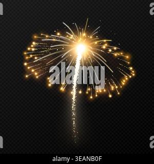 A bright golden firework burst with a sparkling vertical trail on a dark transparent background, evoking celebration, festivity, New Year and holiday Stock Vector