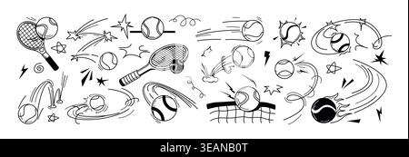 Vector doodle tennis sport ball trajectory bounce with motion line effects. Hand drawn squash racket, net, posts outline icons with flying, bouncing and spinning movement. Sketch playing equipment Stock Vector