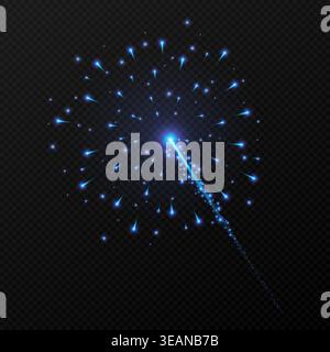 A vibrant blue firework burst radiates a bright beam and trailing particles, producing a magical, energetic light effect ideal for celebration, sci‑fi Stock Vector