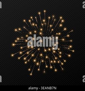 Golden firework burst with radiant light trails and scattered spark particles on a transparent background, perfect for celebration, holiday, party. Stock Vector