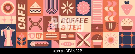 Abstract geometric coffee pattern with beans, dessert, hot beverages, cup of tea, leaves, confectionery, food and drink bauhaus elements. Vector minimalist seamless background design template for cafe Stock Vector