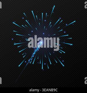 A vibrant blue neon firework burst radiates glowing sparks and a trailing light streak against a dark checkered background, conveying celebration, Stock Vector