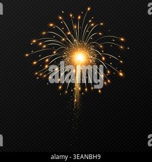 A golden firework burst with cascading sparks and glowing trails on a transparent dark background, perfect for celebration, party, New Year, holiday o Stock Vector
