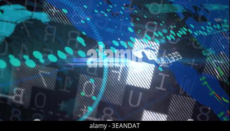 Showing abstract data visualization on virtual UI, featuring world map silhouette, teal node trail. Globe, holographic, dashboard, grid, checkerboard, Stock Photo