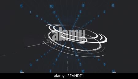 Rotating central HUD rings projecting depth in simulated 3D environment, with blue numeric markers. Radial, concentric, gauge, neon, futuristic, inter Stock Photo