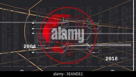 Rotating stylized red globe within dotted red ring in virtual HUD, showing hex wireframe, gold grid. Orb, holographic, dataviz, timeline, interface, d Stock Photo