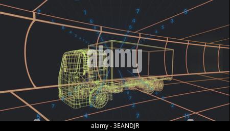 Rendering wireframe box truck model moving through tunnel grid in CAD view with numeric markers. Neon, mesh, visualization, virtual, perspective, corr Stock Photo