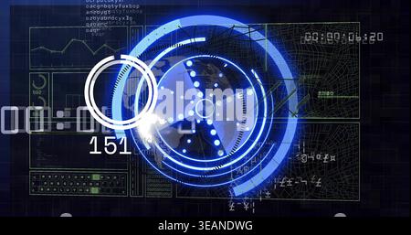 Displaying centered hologram HUD glowing blue on dashboard, with node points and readout 151. Interface, neon, cyan, futuristic, hightech, grid, panel Stock Photo