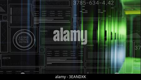 Displaying HUD panels and numeric data on control panel, featuring circular gauge and green streaks. Dashboard, overlay, widgets, matrices, alphanumer Stock Photo