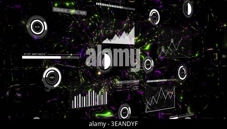 Displaying central HUD swirling around dark vortex in 3D HUD field, with radial gauges and charts. Holographic, neon, three-dimensional, dashboard, in Stock Photo