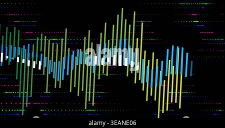 Displaying central band of vertical blue green white bars on black, with multicolor dot streaks. Candlestick, columns, rectangles, glitch, neon, spect Stock Photo