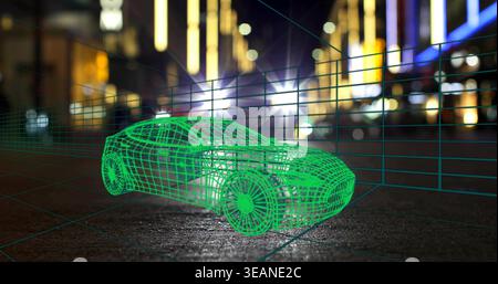 Displaying green wireframe car model hovering over wet asphalt at night, with teal grid lines. Urban, neon, holographic, mesh, vehicle, reflections, b Stock Photo