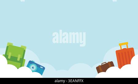 Travel themed template horizontal background featuring luggage and camera on a blue sky backdrop with clouds. Stock Vector