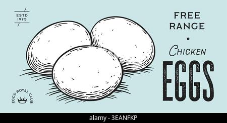 Chicken, hen with nest, eggs. Vintage artwork Stock Vector