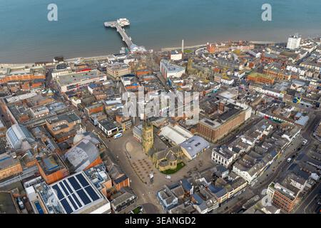 Lancashire, Blackpool UK 14th April 2026: Aerial view of Blackpool town centre with Central Pier beach promenade in Lancashire England captured from a Stock Photo