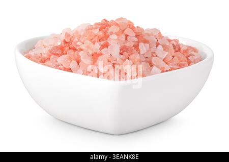Pink Himalayan salt in ceramic bowl isolated on white background with full depth of field Stock Photo