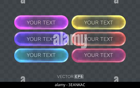 Set of colorful glowing glass buttons with transparent background for modern UI design. Vector illustration Stock Vector