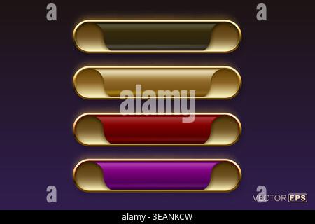 Glossy UI buttons with golden frame and subtle glow. Premium web elements in dark, gold, and red. Vector illustration Stock Vector