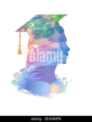 Watercolor portrait of a beautiful graduate girl. Class of 2026, Congrats graduation with a head of a graduate girl in a graduation cap. Vector card Stock Vector