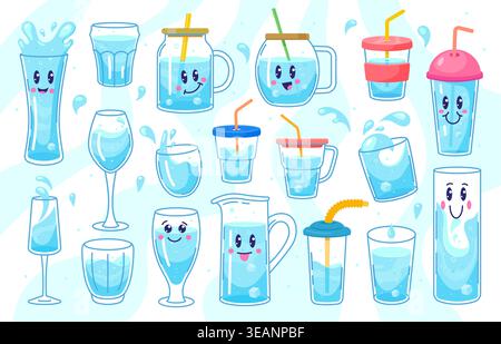 Cartoon fresh water healthy drinks and whimsical hydration. Cute happy glass, mug and cups, jar and pitchers with sparkling blue water and ice, with green orange straws and pink lids. Vector drinks Stock Vector