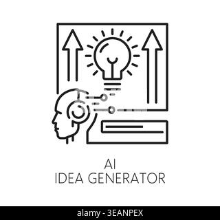 AI artificial intelligence technology icon of idea generator by chatbot tool, vector line pictogram. AI technology icon of digital bot or artificial mind head for creative ideas generating Stock Vector