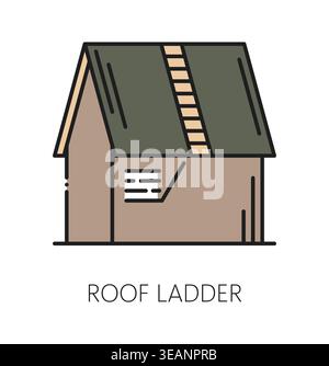 Home roof ladder installation line icon or sign. Cottage roof maintenance ladder icon, home repair service outline vector symbol. House roofing renovation pictogram or construction company sign Stock Vector