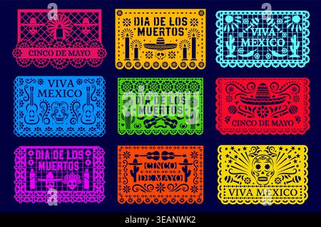 Mexican paper cut papel picado flags of Cinco de Mayo, Viva Mexico and Day of the Dead festivals. Vector mexican holiday flags garland with paper cut pattern of fiesta flower, Catrina skull and guitar Stock Vector