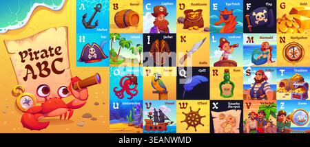 Pirate abc education flashcards, kids corsair alphabet type english letters flash cards. Cartoon pirate captain and sailor characters, corsair ship and flag, treasure map and chest abc flashcards Stock Vector