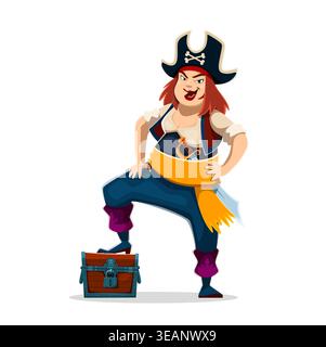 Cartoon woman pirate character standing with one foot on treasure chest. Funny Vector buccaneer and sailor corsair, queen of pirates personage ready for sea quest, marine adventure and treasure hunt Stock Vector