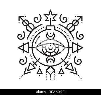 Pirate bomb esoteric line symbol. Pirate marine sacred lineart vector symbol, buccaneer esoteric outline print. Corsair nautical tarot thin line tattoo or sign with bomb explosion with burning wick Stock Vector