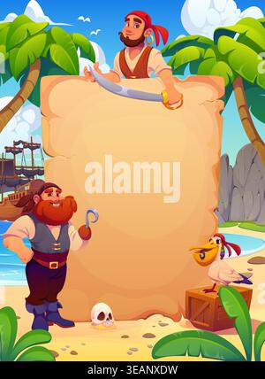 Two funny cartoon pirate characters near old paper scroll banner. Piracy and treasure hunting vector banner with two man pirates fighters cartoon characters on island beach, parchment map background Stock Vector