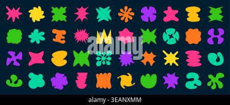 Abstract groovy shapes, funky stickers of retro y2k geometric figures and forms. Vector flat color flowers, star, cloud and sparkle shapes. Groovy bold bubble, wavy and zigzag figures set Stock Vector