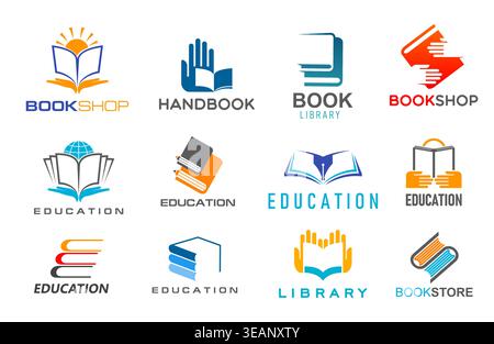Education, library, handbook and book shop store icons of open books, vintage feather pen quill and sun, hands and globe vector silhouettes. Bookstore, school or university library modern symbols set Stock Vector
