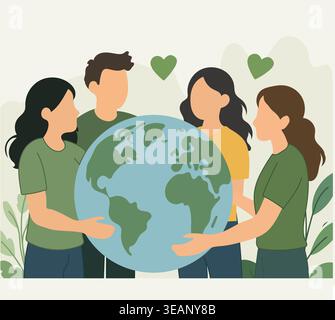 People Hugging Earth – Environmental Protection and Save the Planet Concept Stock Vector