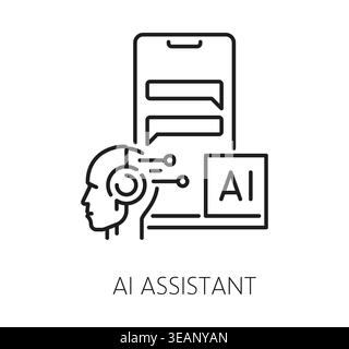 AI assistant artificial intelligence technology icon featuring of human head with circuit elements, chat bubbles on smartphone, and AI label. Vector symbol for digital product presentation Stock Vector