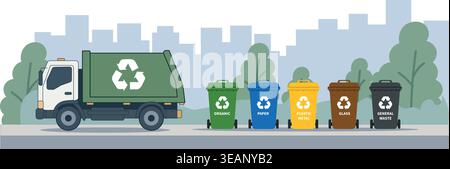 Garbage Truck Recycling Illustration – Waste Collection and Eco Concept Stock Vector