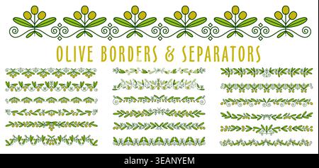 Olive divider separators and border frames. Vector set of Mediterranean ornaments. Decorative olive branch dividers with leaves, berries and floral elements, horizontal borders separators and frames Stock Vector