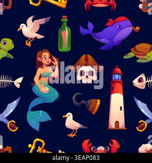 Pirate characters seamless pattern background. Cartoon vector pattern featuring mermaid, skull with pirate hat, whale, and seagulls on dark background for fabric prints, wrapping paper, kids textile Stock Vector