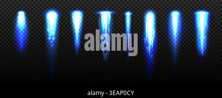 Rocket launch blue fire flame trails, flame shapes range from narrow beam to wide burst. Glowing flames create a powerful sense of speed and energy. Spaceship vector launch effect Stock Vector