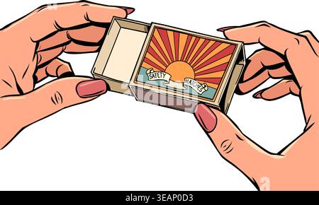 Women's hands holding a matchbox. Items for a hike, tourist explorer. Hot sale and discounts. Stock Vector