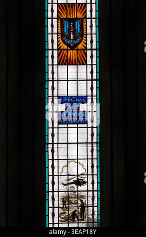 Stained glass window commemorating the Specialist Air service. the SAS. St Martins church, Hereford, UK Stock Photo