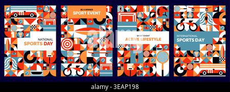 Modern geometric sport posters with geometric elements and abstract shapes, vector backgrounds. National Sports Day banners with pattern of geometric soccer or football ball, bicycle and car races Stock Vector