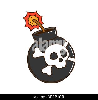 Cartoon pirate round black bomb with skull and crossbones symbol. Vector bomb featuring lit burning fuse with red sparks for adventure game interfaces, pirate party posters or kids books Stock Vector