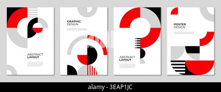 Modern business posters with red and gray modern geometric layout. Vector banners with circles, arcs, stripes and bold color blocks in red, black, gray and white layouts for corporate presentations Stock Vector